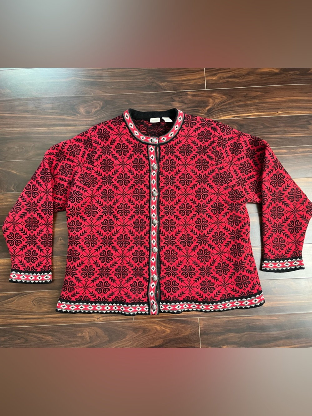 Vintage L.L. Bean Red and Black Patterned Merino Lambs Wool Cardigan, 2X